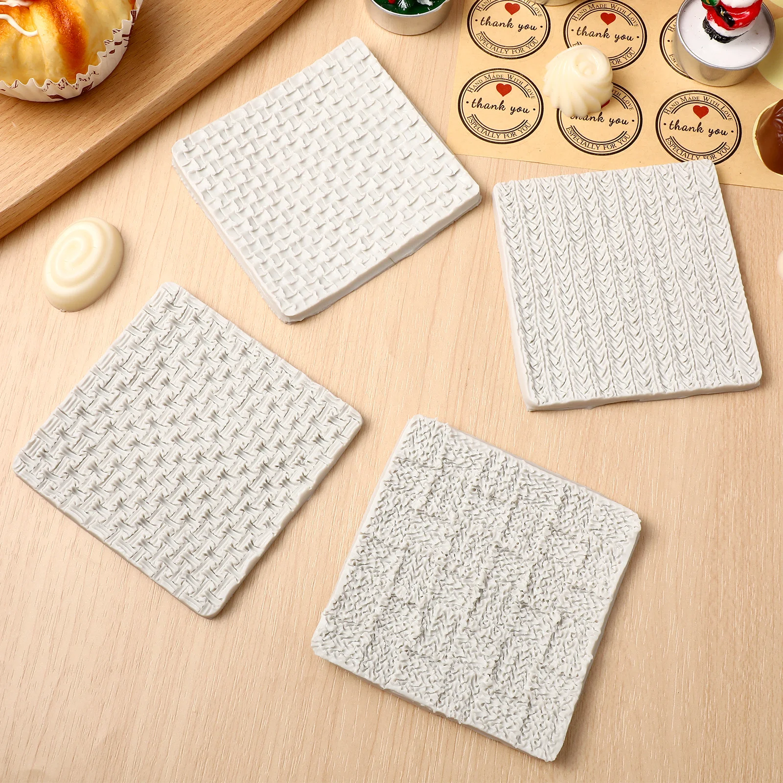 4 قطعة قوالب فندان سيليكون نسج نسيج متماسكة تنقش كعكة الشوكولاته الحلوى الصابون Diy بها بنفسك أدوات الخبز غير عصا العزل الحراري