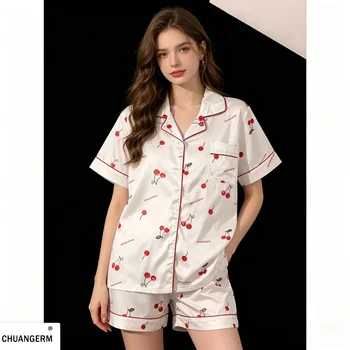 Cherry Print Silk Pajamas Set For Women Summer Short Sleeve Shirt And Shorts Two Pieces…