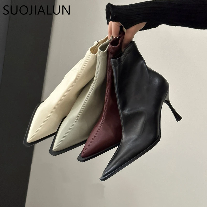 SUOJIALUN 2023 New Brand Women Ankle Boots Fashion Pointed Toe Sides Zipper Ladies Elegant Short Boot Thin High Heel Chelsea Sho