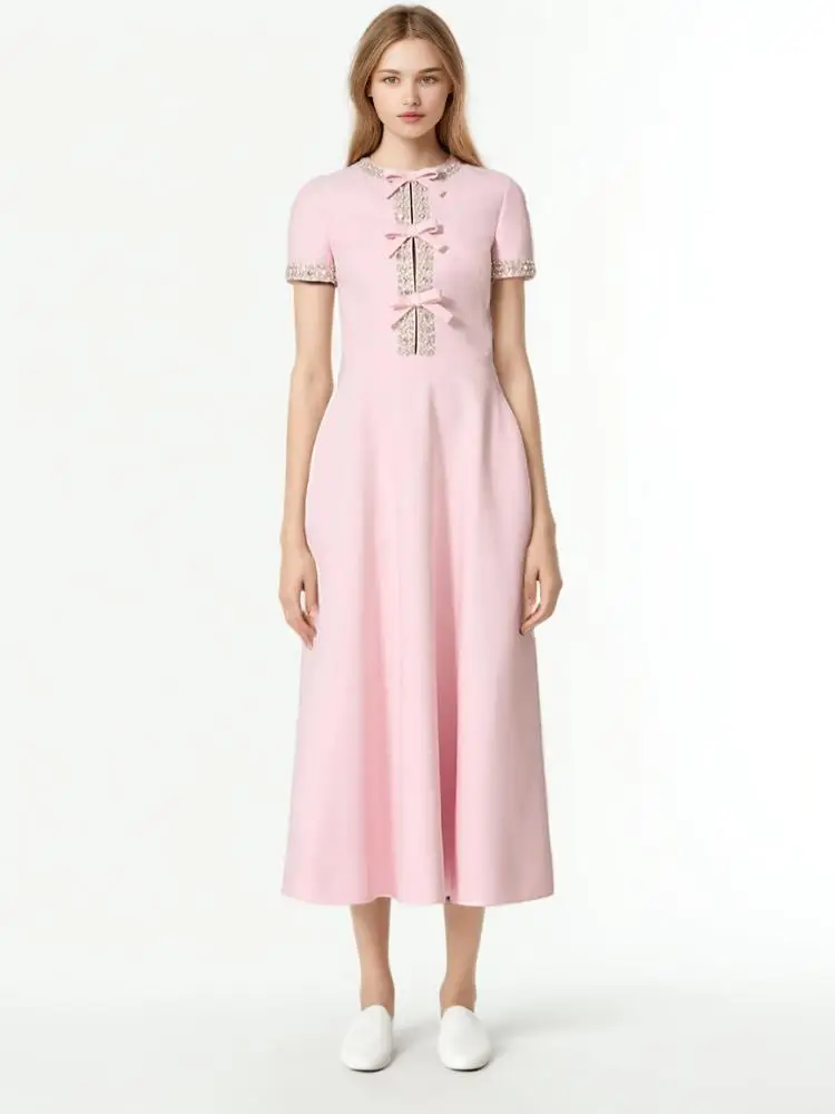 

High-Waisted Round Neck Bow Dress For Women 2025 Spring/Autumn New High-End Feel Heavy Industry Rhinestone Long Dress