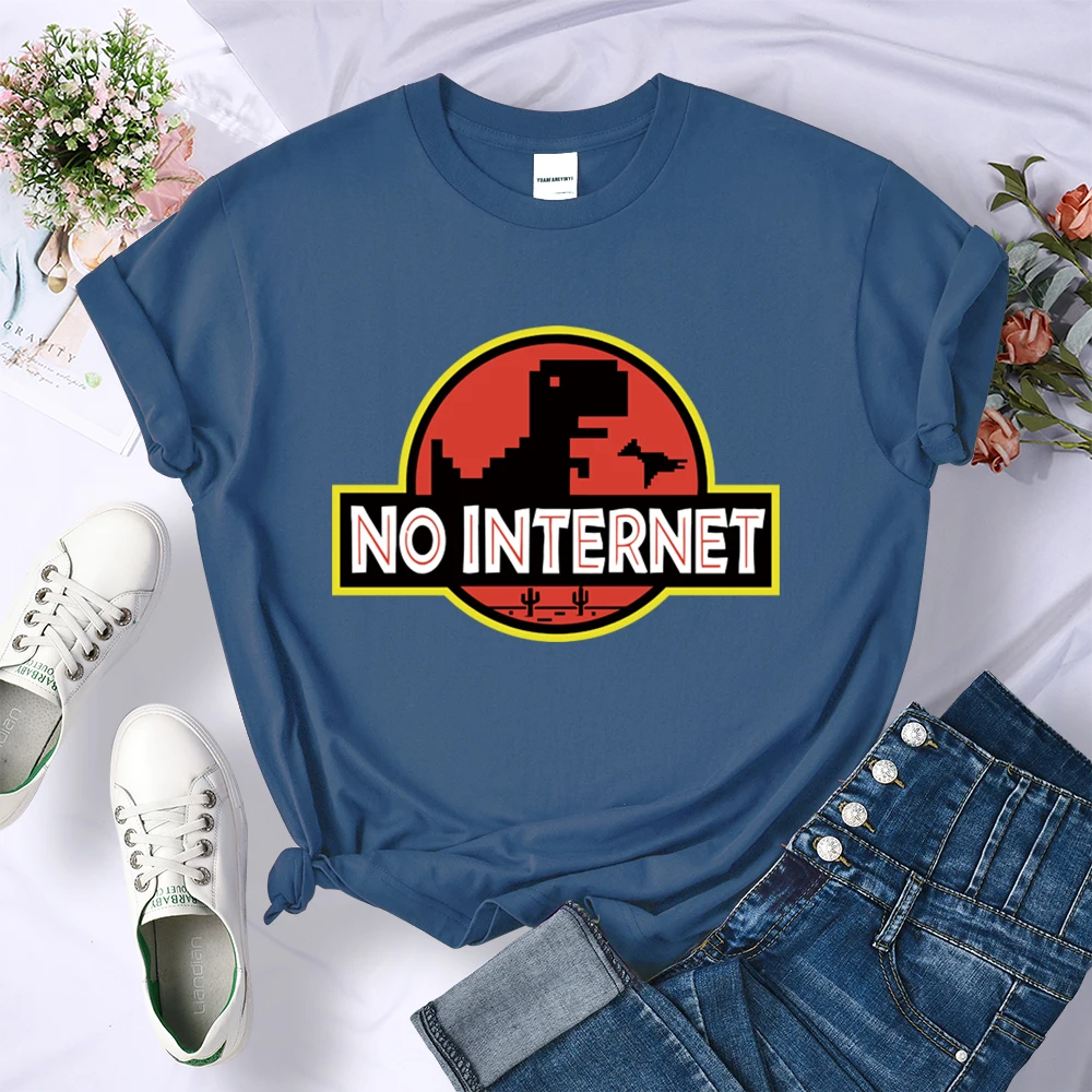 Cartoon Dinosaur No Internet Female Tshirts Breathable Casual T-Shirts Fashion Summer Short Sleeve Cartoon S-Xxxl Womens T-Shirt