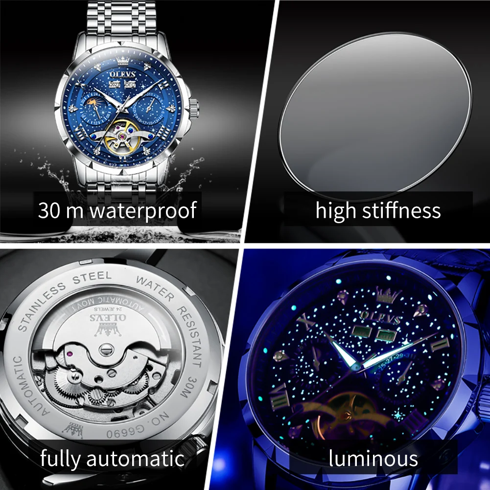 OLEVS 6690 Automatic Watch for Men Starry Sky Tourbillon Design Moon Phase Date Stainless steel Luminous Waterproof Wristwatch