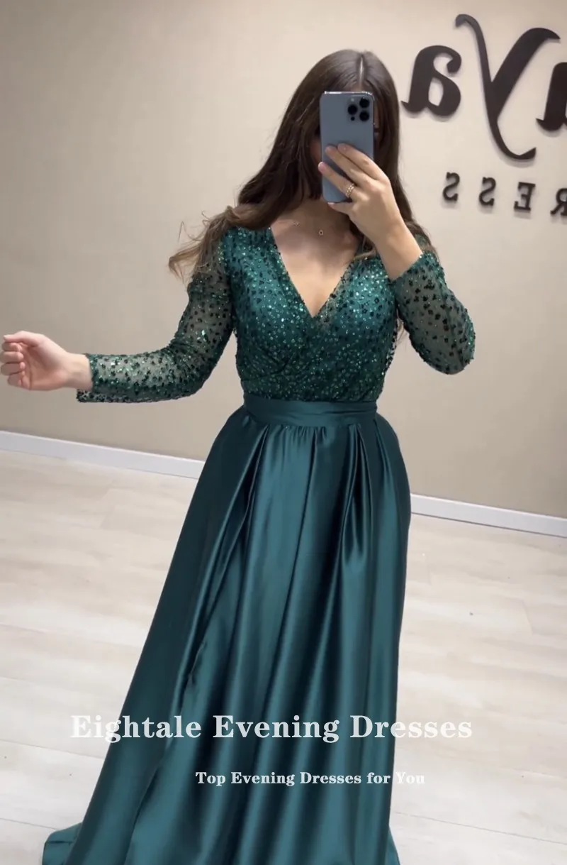 Eightale Sparkly Evening Dress for Wedding Party Customized Long Sleeves Formal Occasions A-Line Prom Gowns robe de soirée femme