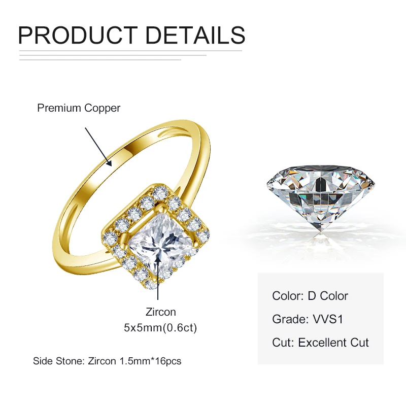 

0.6CT Princess Cut Cubic Zirconia Women Men Wedding Band Ring 14k Gold Plated Square Couple Rings for Wedding Jewelry Gift