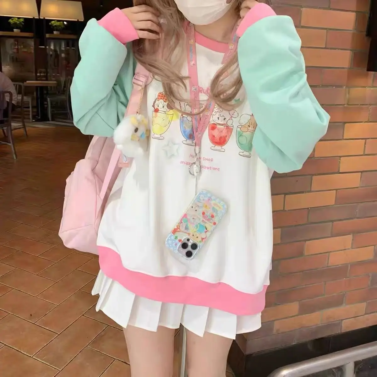 Japanese Cute Patchwork Raglan Sleeves Contrasting Color Hoodie Women\'s Autumn and Winter New Dopamine Top Women\'s Loose Fit