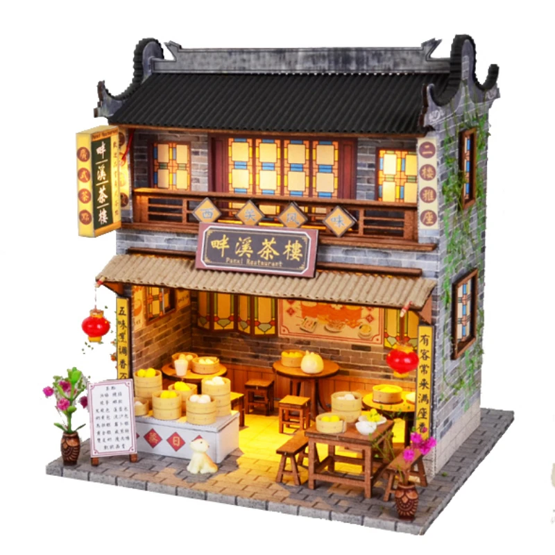 Antique Handmade House Model Jiangnan Lingnan Style Qianxi Tea House Decoration