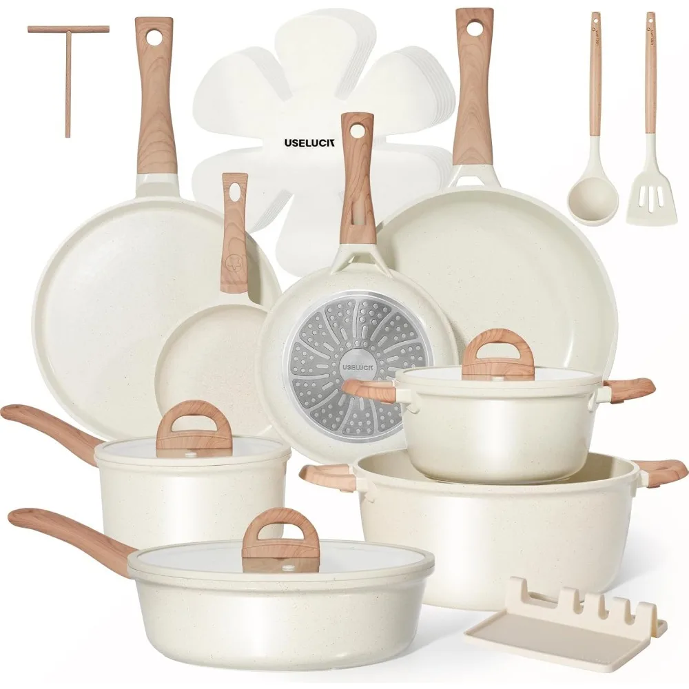 

Набор керамической посуды с антипригарным покрытием, 22 шт., нетоксичный набор кастрюль и сковородок без PFOA PFOS со стеклянными крышками, индукционный совместимый кремовый