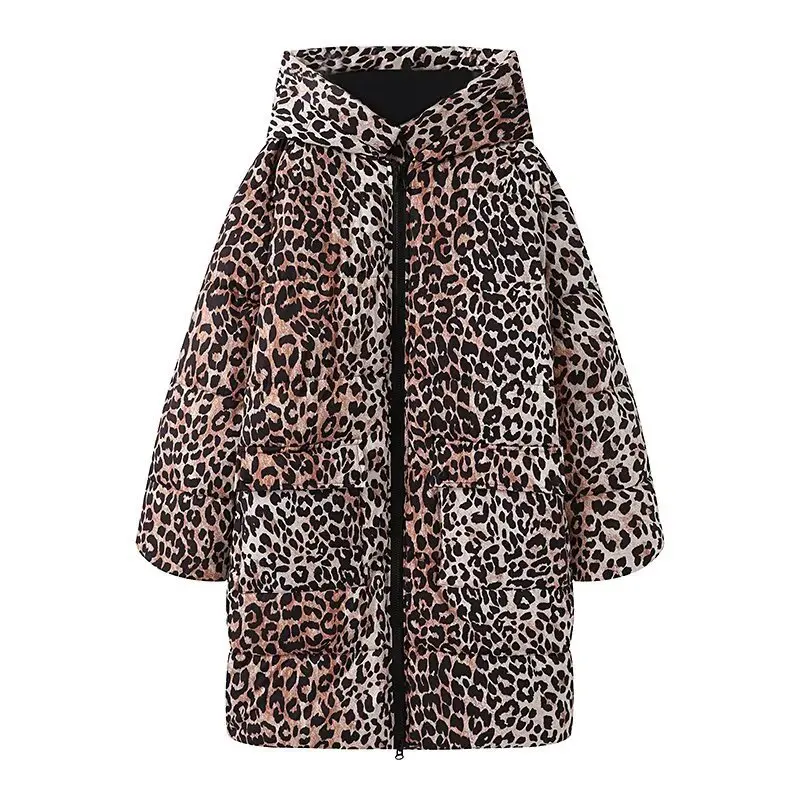 

Leopard Print Winter Women's Parka Jacket Color Blocked Zipper Windproof Hooded Coat For Lady Versatile Commute Female Outwear