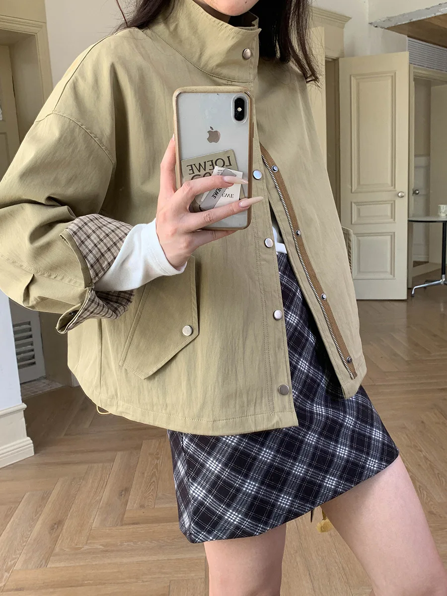 

Women's Autumn New Casual Workwear Plaid Splicing Stand Collar Long Sleeve Windbreaker Coat Stylish And Fashionable