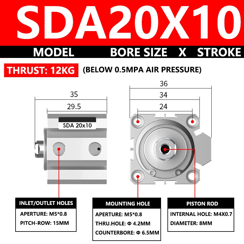 ABILKEEN SDA20X10 SDA Series Thin Air Cylinder 20MM Female Thread Bore X 10MM Stroke Double Acting Pneumatic Compact Cylinder