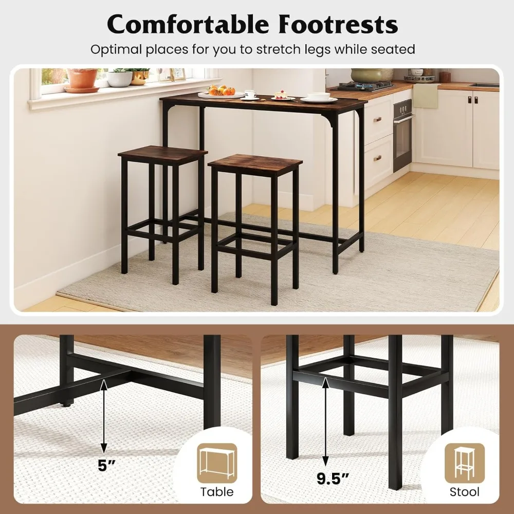 Set Meja Pub Tinggi Bentuk Persegi Panjang dengan 2 Bangku, Rangka Logam, untuk Ruang Sempit