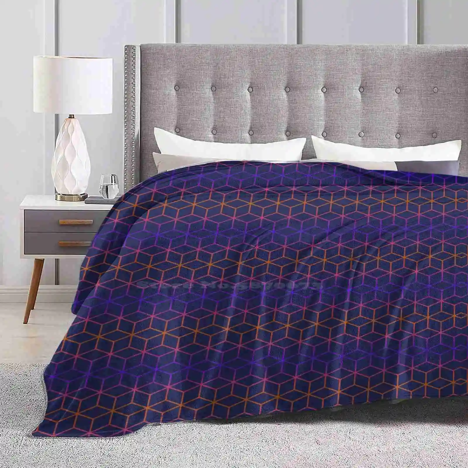 Translate Low Price New Print Novelty Fashion Soft Warm Blanket Abstract Blue Orange Purple Electronic Led Cube Modern Optical