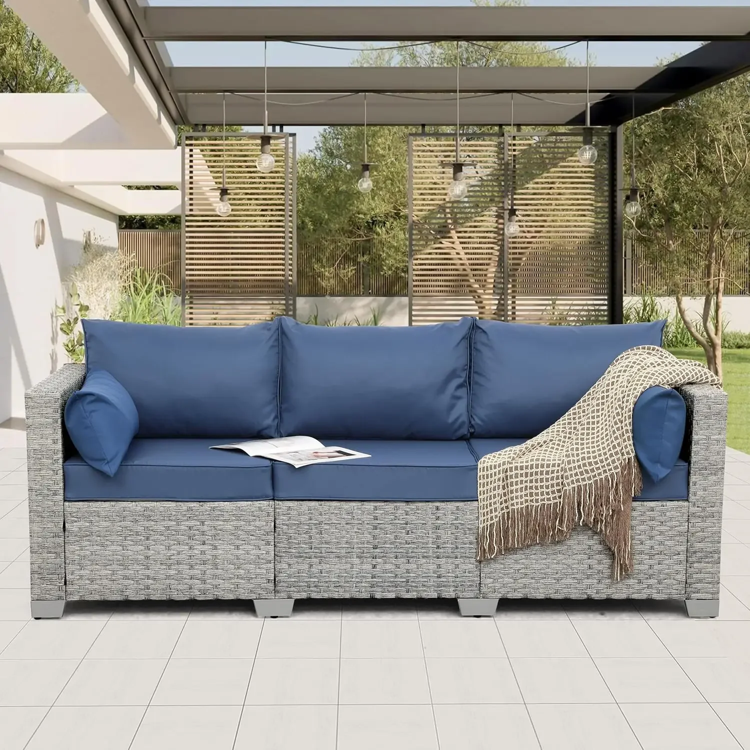 

WAROOM Outdoor Couch 3 Seater Wicker Patio Sofa Grey Rattan Deep Seat Balcony Furniture Porch Seating with Navy Blue Cushion