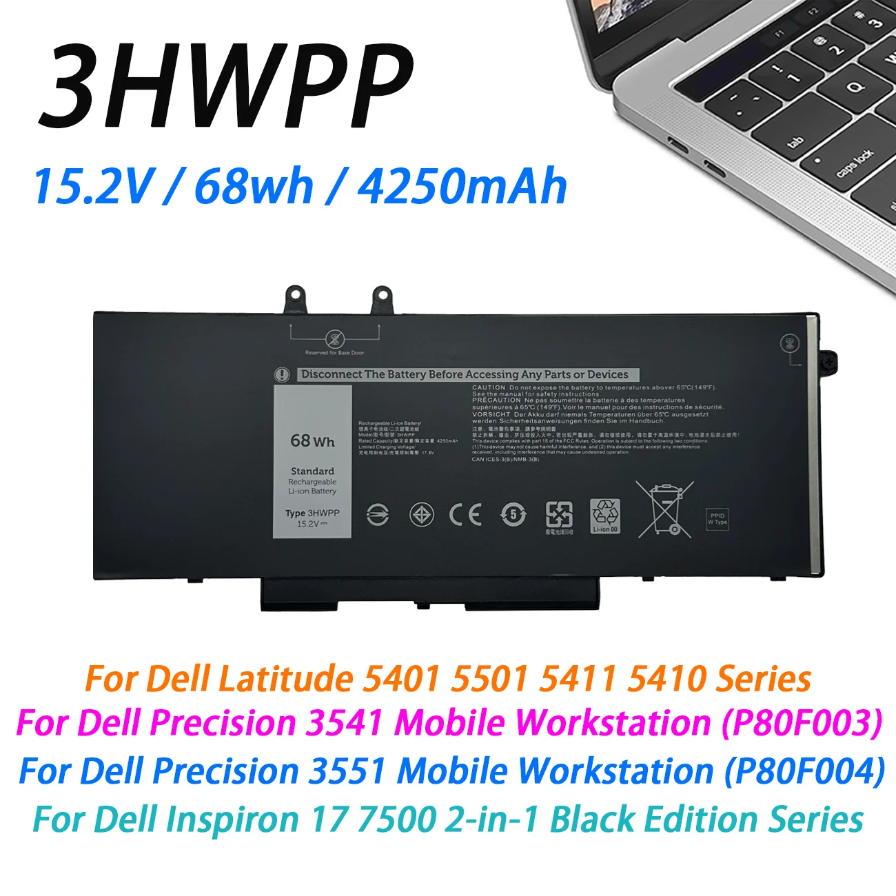 NEW 3HWPP Laptop Battery For Dell Latitude 5501 5511 5401 For Precision 3551 3541 7500 7706 2-IN-1 P80F003 P98G003