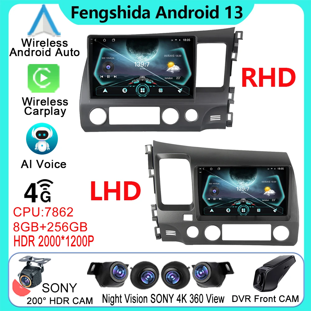 

Android Auto For Honda Civic 8 2005 - 2012 Car Radio Multimedia Video Player GPS Navigation 5G Wifi BT HDR QLED Screen No 2din