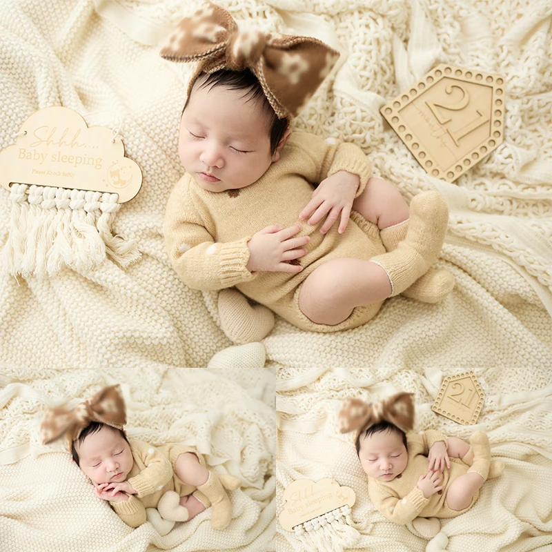 

Newborn Baby Photography Outfit Baby Posing Mini Knitted Love Plush Blanket Props Baby Photo Bodysuit Headband + Socks 3pcs/Set