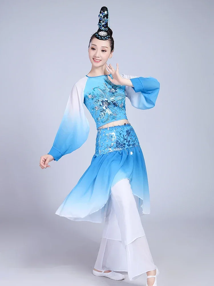 Chinesische klassische Tanzkostüme, Yangko-Tanz für Frauen, traditioneller Folk, alter Fan, Regenschirm, Tanz, Taillentrommel, Hanfu