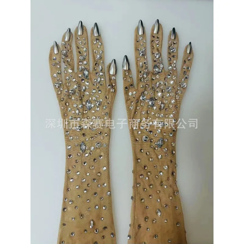 Super Shimmering Flesh Colored Mesh Full Diamond Gloves, Singer Drag Queen Decorative Gloves, Popular Gloves