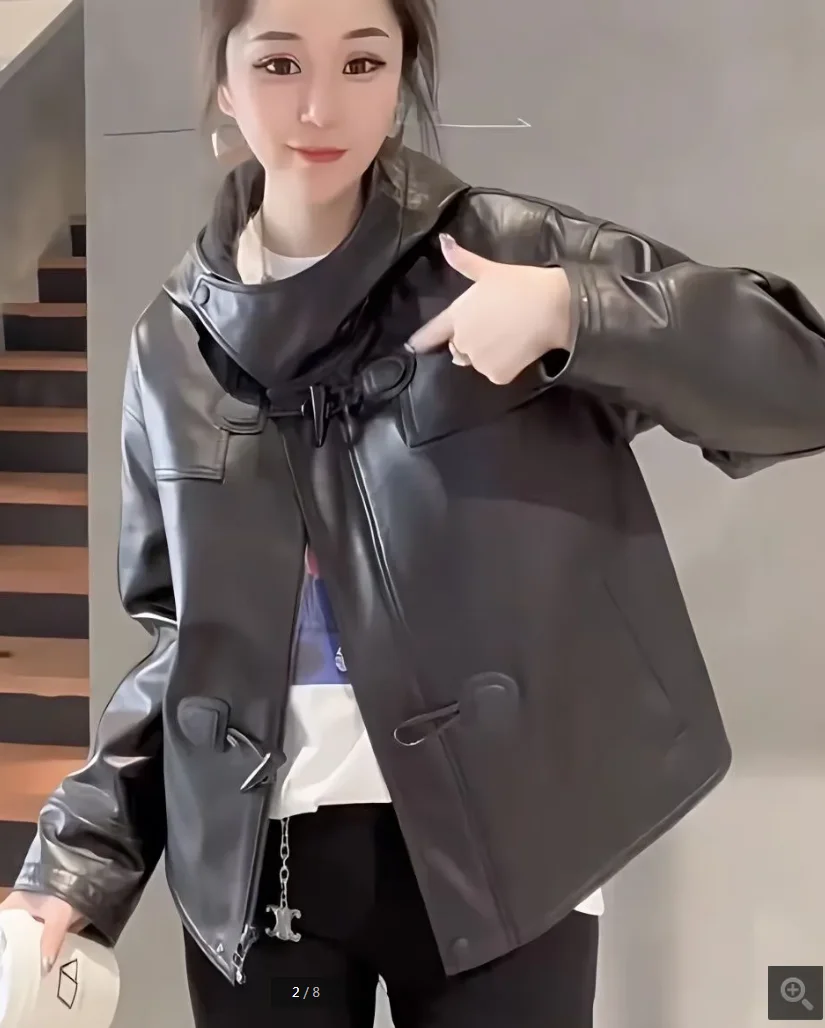 세련된 캐주얼 후드 블랙 가죽 자켓 아웃웨어 여성 봄 가을 새로운 올 매치 루즈 쉘 에디션 코너 버클 코트 탑