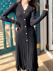 Autumn Women Elegant Long Sleeve Knitted Dresses V-neck Single Breasted High Waist Ladies New Black Slim Knitting Dress Korean