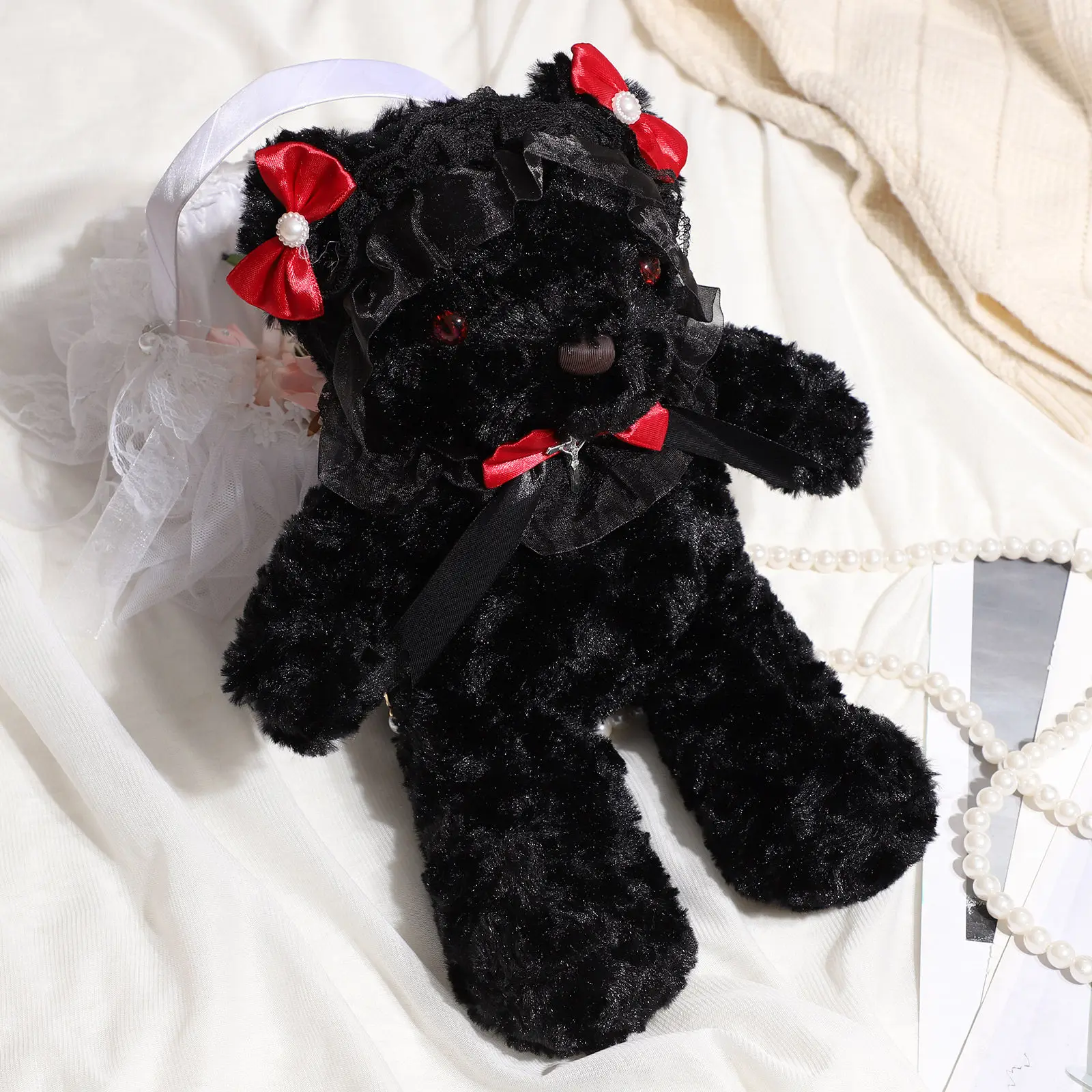 

Sling Bag Soft Furry Bear Crossbody Purse With Pearl Chain Small Shoulder Bag For Women Girls Fashion Travel Accessory