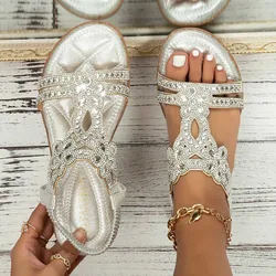 Sandalias cómodas con correa elástica en el tobillo para mujer, zapatos informales bohemios para playa, moda Floral de cristal, Punta abierta, tacones bajos