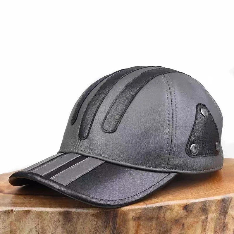 Grey Cowhide Leather Hat Man Classic American Street Motorcycle Top-layer Baseball Cap Unisex British Snapback Cap Color-Blocked