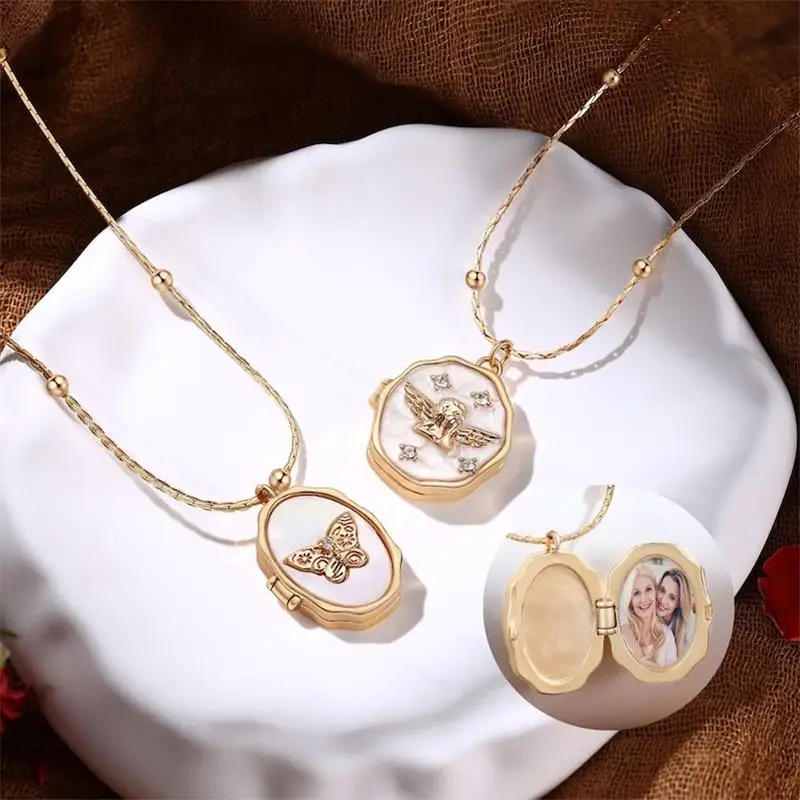 Personality Angel Locket Necklace with Photo Openable Custom Butterfly Frame Lock Choker Memorial Jewelry Mother's Day Gift New