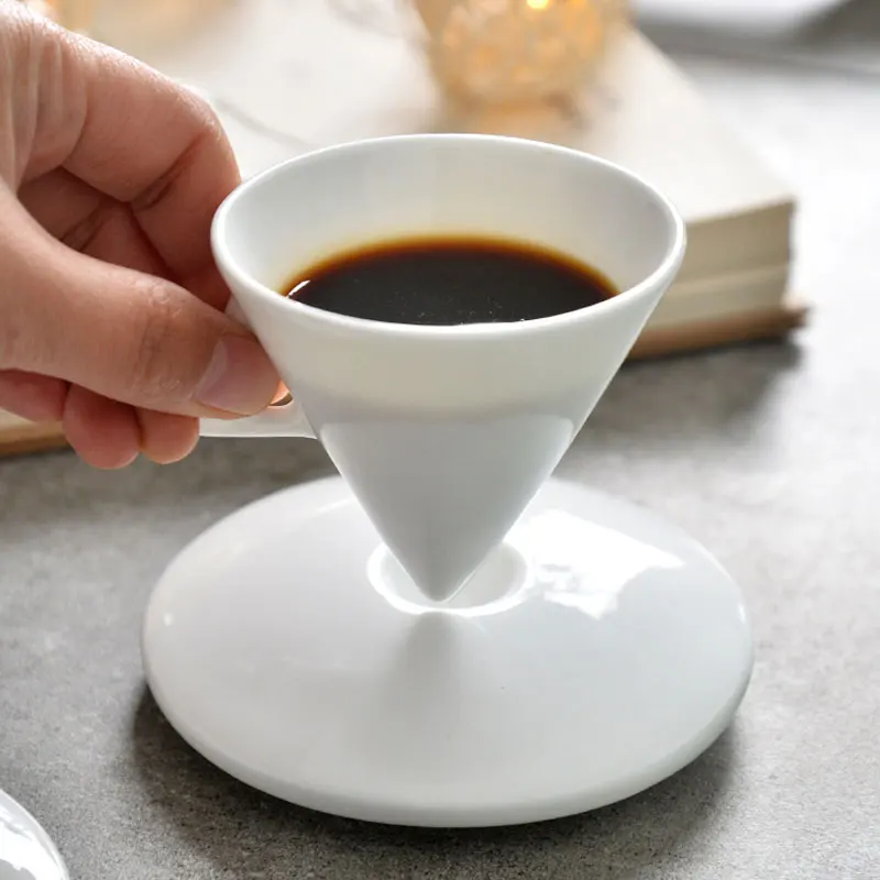 

60ml Bone China Cone Shape White Espresso Cup with Saucer Creative Personalized Coffee Tea Cup Set Home Office Kitchen Drinkware