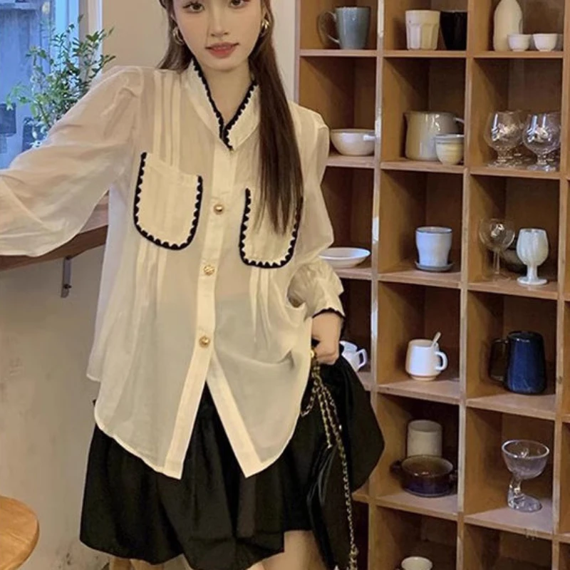 Women Shirt Panelled Pleated Long Sleeve Turn-down Collar All-match Design Unique Korean Fashion Casual Elegant Spring Tops Ins