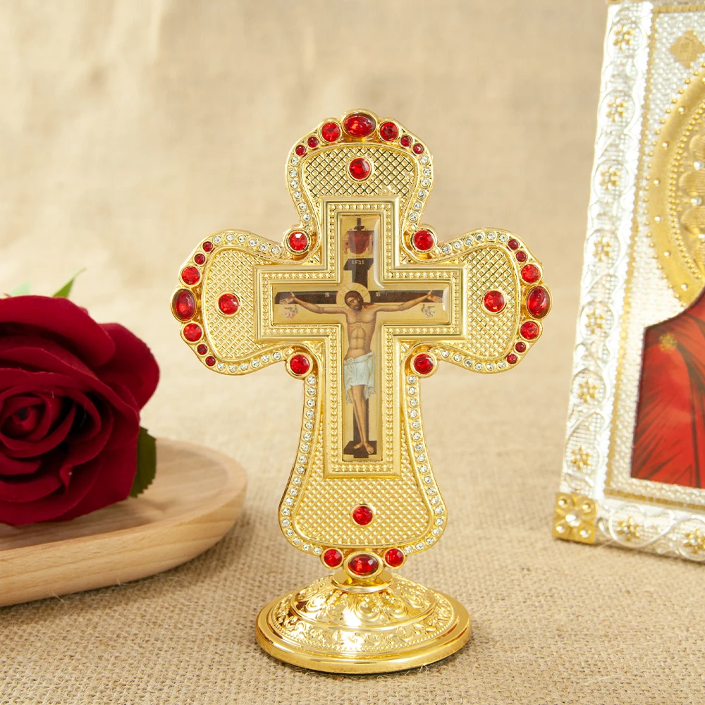 

HT Fashion Religious Orthodox Small Metal Cross of Jesus Icon Greek Russia Promotion Hot Selling Alloy Table Standing Cross