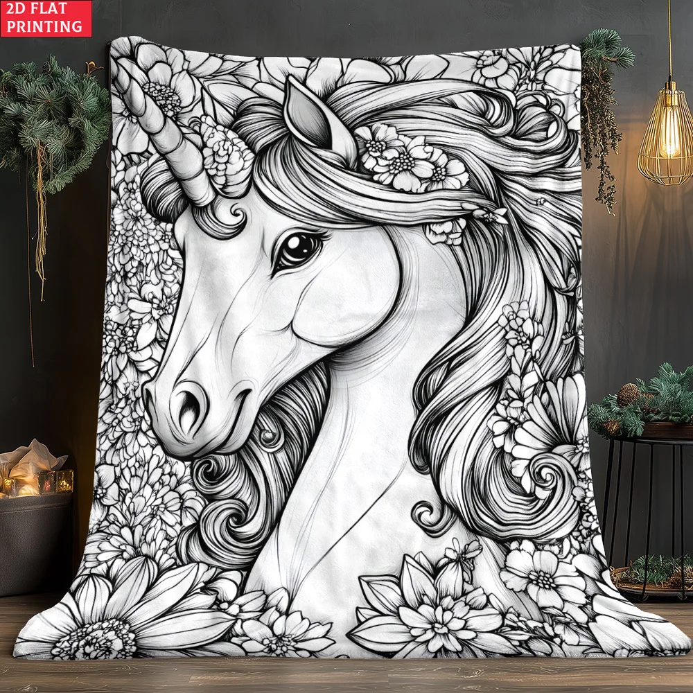 Minimalist Black White Line Drawing Floral Unicorn Sketch Print Blanket, Light Flannel Throw For Couch Room, Lovely Girl Blanket