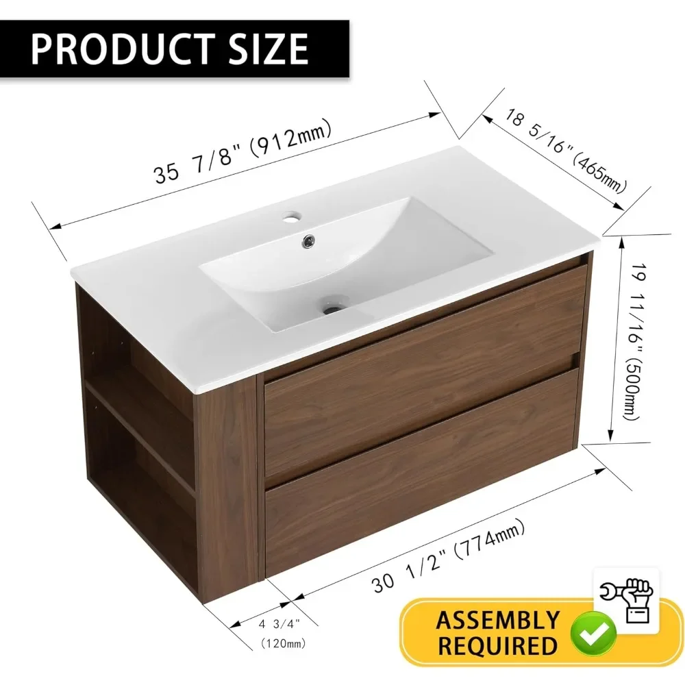 36 Inch Floating Bathroom Vanity with Ceramic Sink, Top Basin & 2 Drawer and Open Shelf, Modern Wood Floating Bath Cabinet