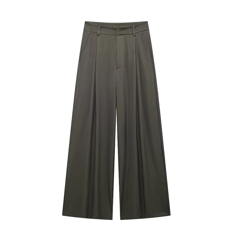 YUEYANG Women Fashion Chic Straight Wide-Leg Pleated Pants Female Pockets Zip Fly Trousers Ladies Elegant Wear