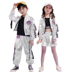 Girls Boys Silver Hip Hop Outfit Street Jazz Dancing Costume Korean Jacket Vest Skirt Pants Clothes Set for Kids