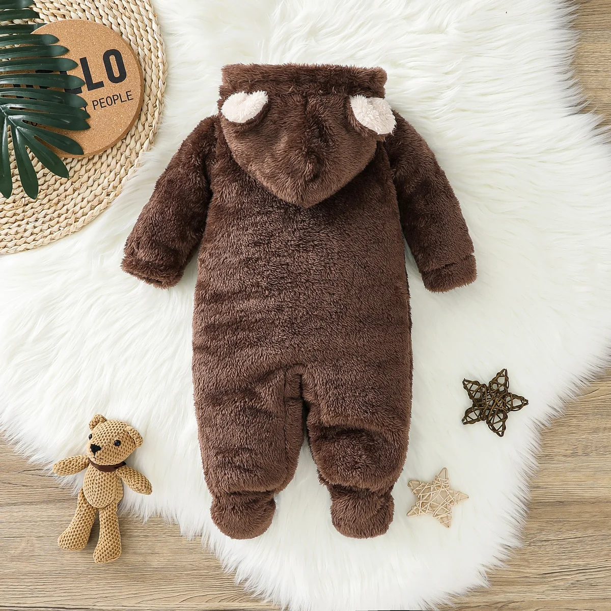 Baby Boy Bear Pattern Hooded Fluffy Fleece Jumpsuit