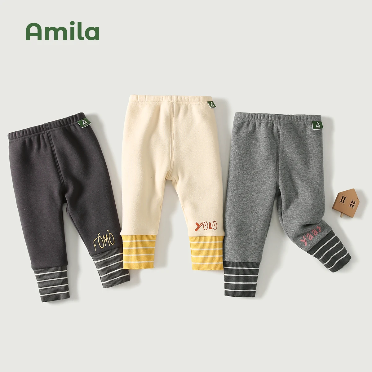 Amila Baby Pants 2024 Winter New Solid Color Cotton Cute Cartoon Trouers Casual  Children Clothes Fashion