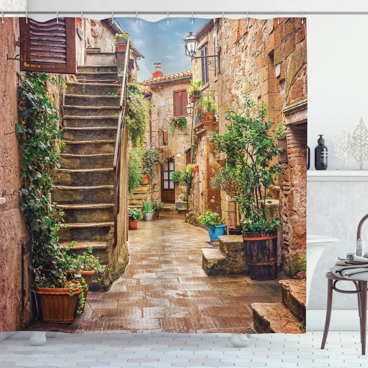 Shower Curtain View of Old Mediterranean Street with Stone Rock Houses in Italian City Rural Print Cloth Fabric Bathroom Curtain