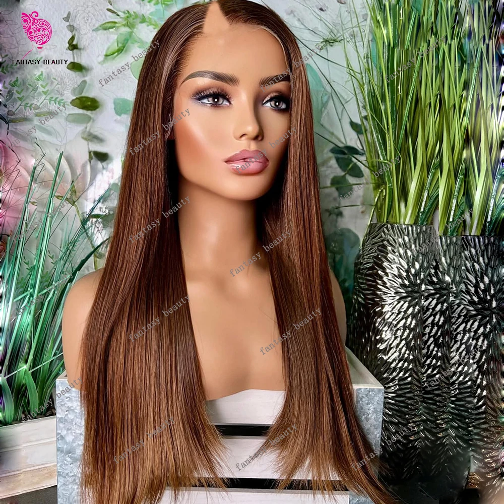 

Super Long Silky Straight Ash Cool Auburn Brown Highlight Natural Human Hair 1x4 Size Middle V Part Wig for Black Women Full End