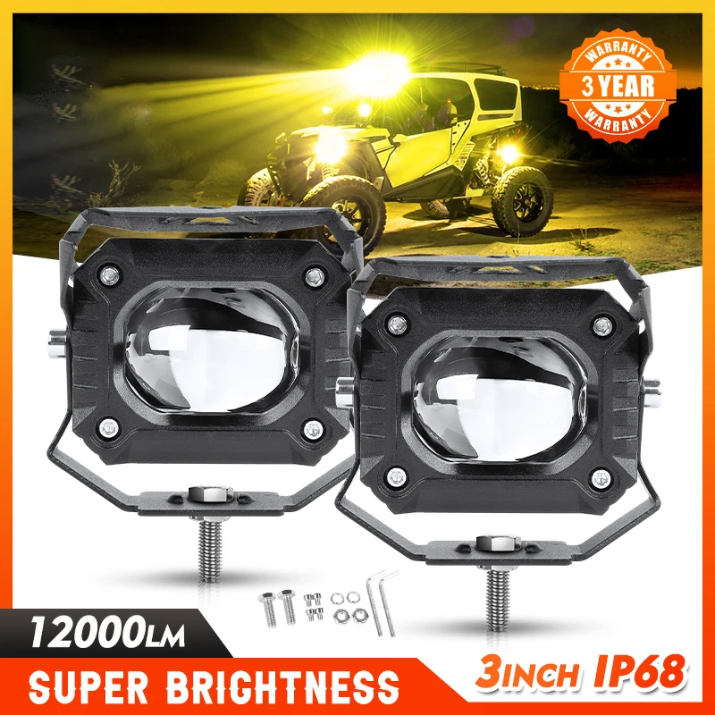 3inch 2PCS Led Work Light White Yellow Atmosphere Light 12000LM 12V 24V Driving Spotlights Auto Fog Lights Motorcycle Scooter