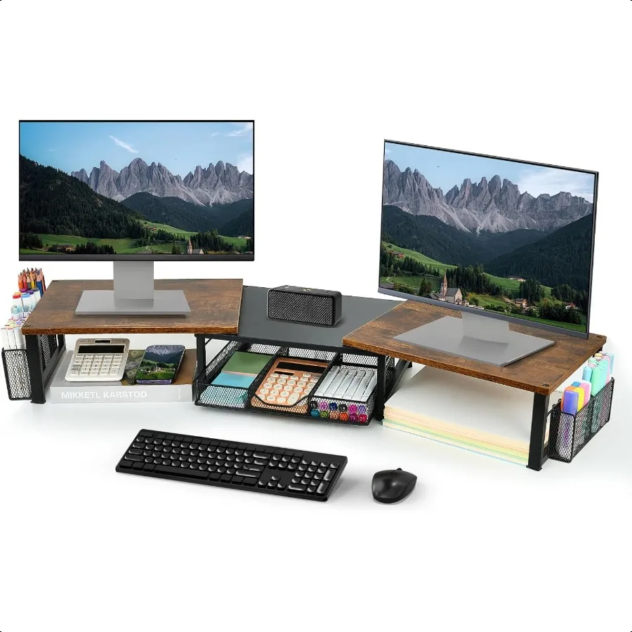 

Desk Dual Monitor Stand Riser Desk Organizer with Drawer and Pen Holders Office Desk Accories Workspace Organizers Office Organ