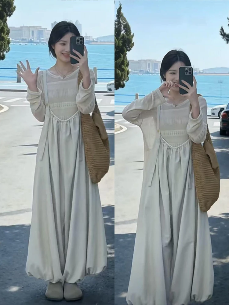 

Spring New Lazy Style Hollow out Top Wide Leg Pants Set Women's Fashionable Korean System Ootd Complete Set with Shoulder Straps