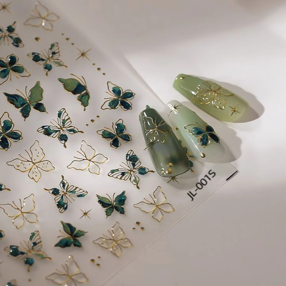 1 ورقة-5D الذهبي الموضوع هلام فراشة مسمار ملصقات لامعة قذيفة أورورا الأخضر فراشة مسمار ملصق مائي ذاتية اللصق الإغاثة مائي