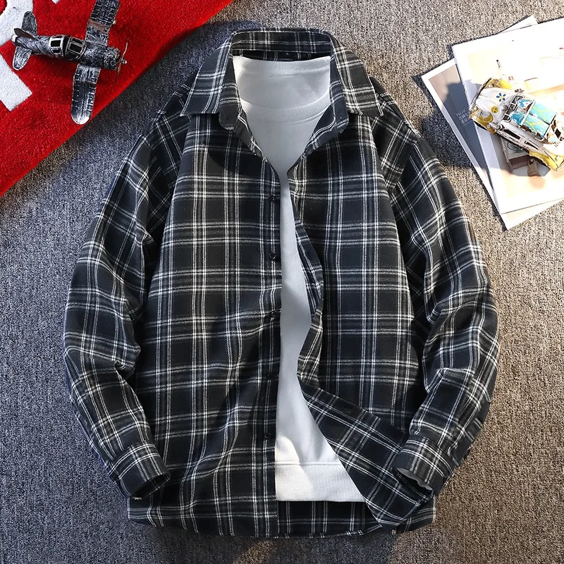 OIQERE Mens New Season Long Sleeve Plaid Shirt Loose Fit Japanese Simple Cool Casual Outerwear For Spring Autumn Daily Outfit