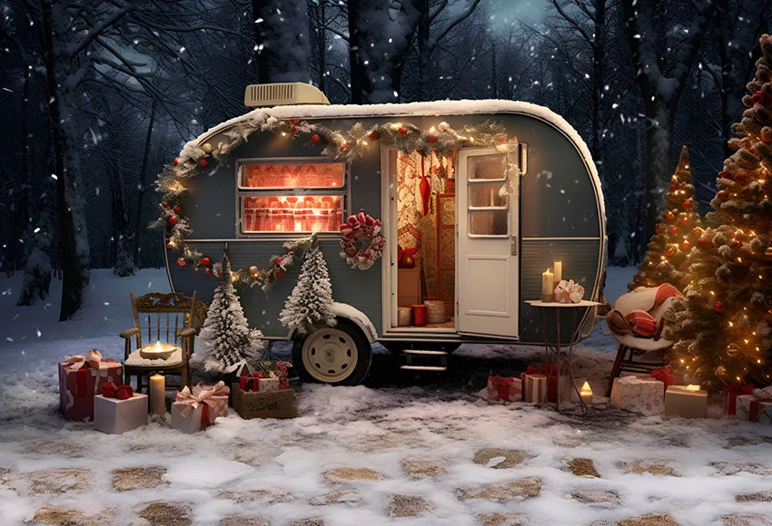 Mehofond-Fondo de fotografía para niños, decoración de retrato familiar de invierno, coche de Navidad, Camping, bosque, árboles de Navidad, estudio