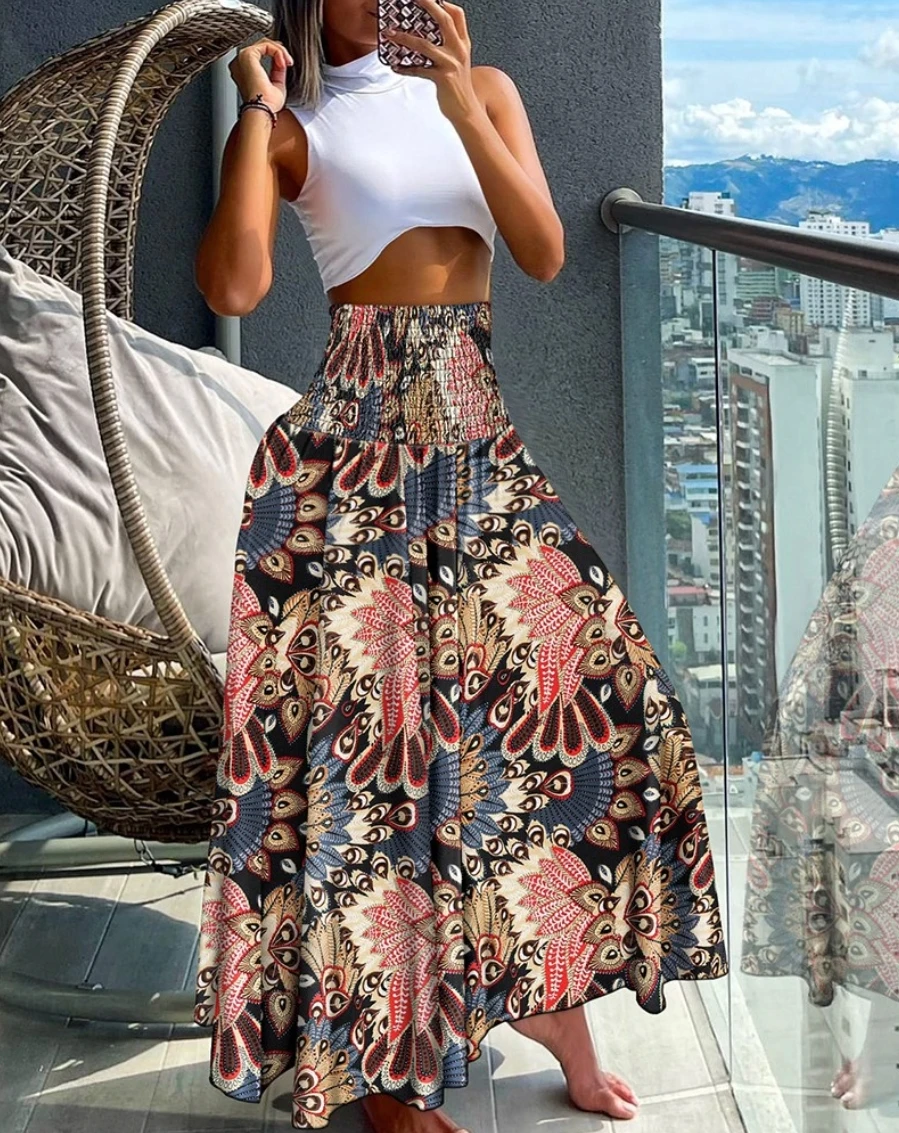 Mode Baumwolle Frauen Blumen druck Rock Seite Krawatte Strand Röcke Sommer hohe Taille Wrap Blume langen Rock