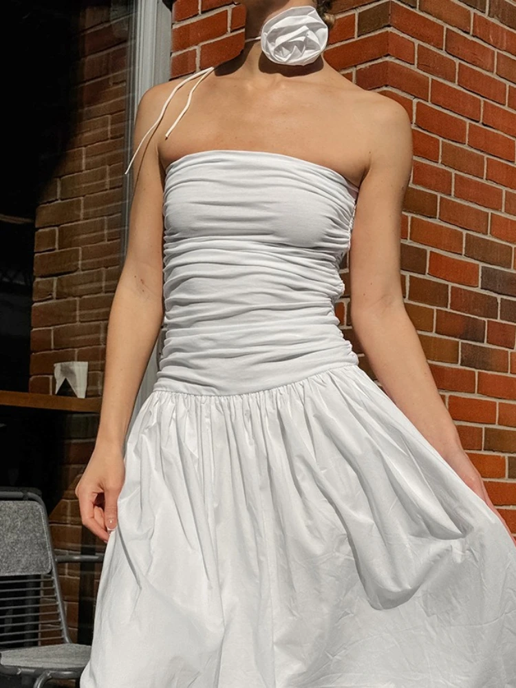 

Elegant Strapless Maxi Tube Dress Women Ruched Long Sundress Boat Neck Sleeveless Strapless Flowy Dresses Party Clubwear