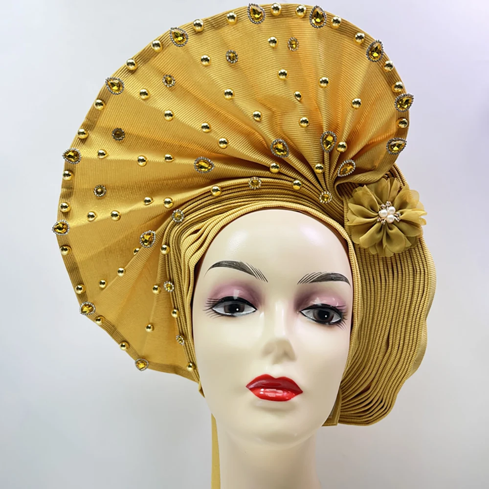 

Африканский толстый роскошный головной убор Sego Aso Oke, вышитый арабский тюрбан с бусинами и камнями, головной убор, аксессуары для волос ES085