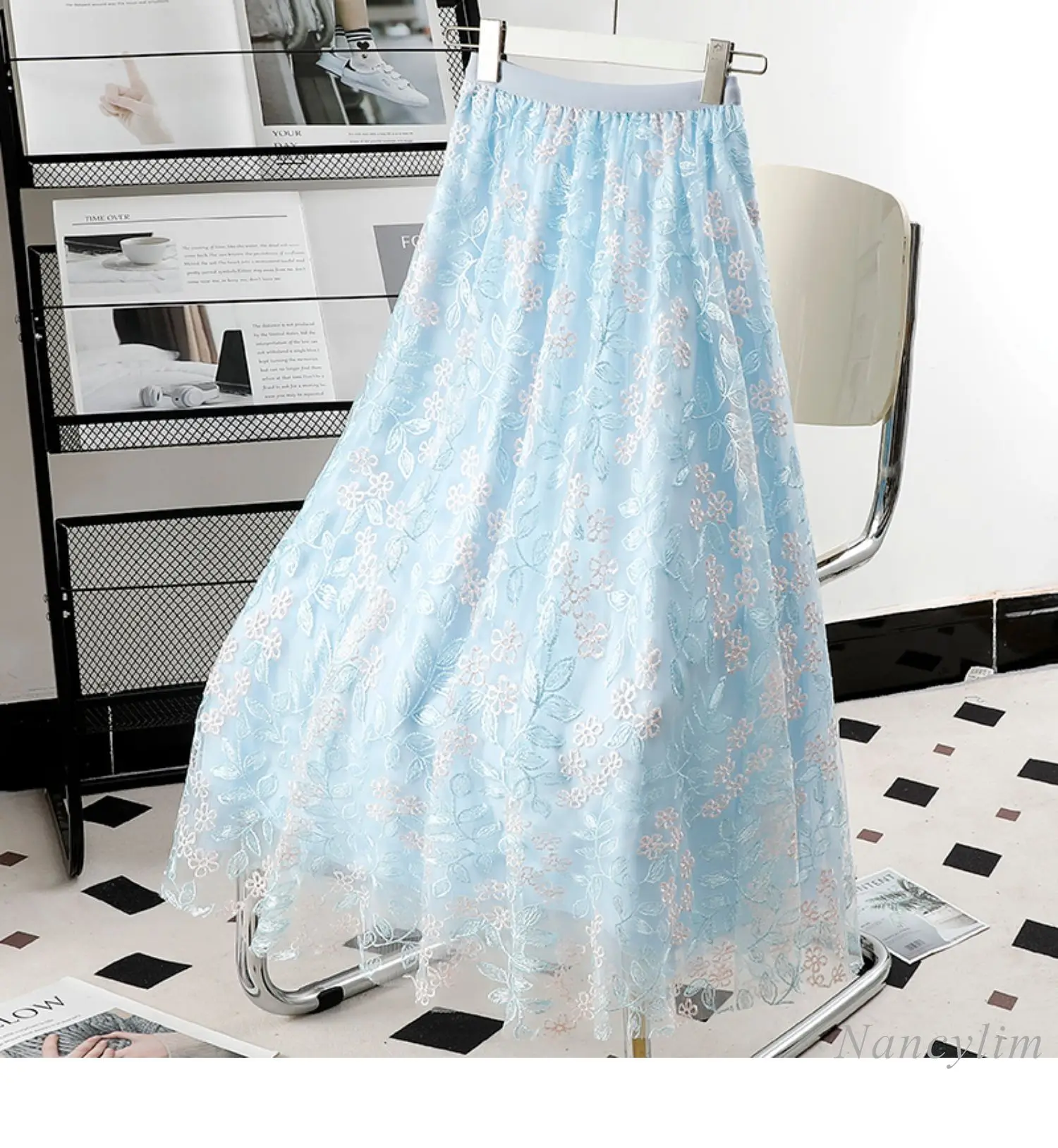 

Machine Embroidery Mesh Skirt Women's Spring Summer 2024 New Mid-Length Embroidered Skirt Wide Hem Long Gauze Skirts