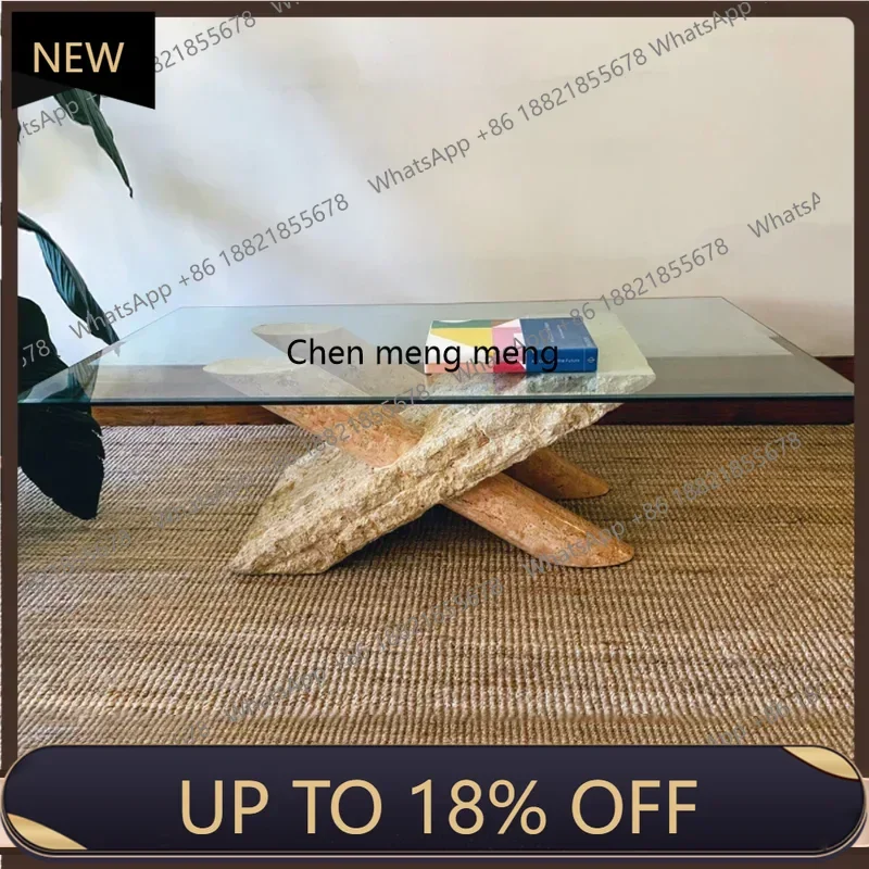 

P178 Natural travertine coffee table Modern simple tempered glass square tea table Nordic light luxury marble coffee table